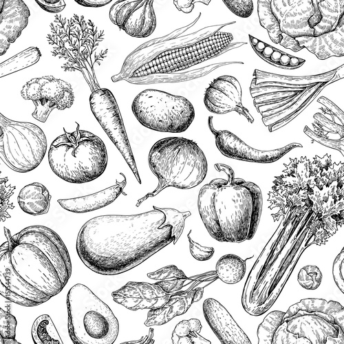 Vegetable seamless pattern. Hand drawn vintage vector background. Vegetarian set of farm market products.