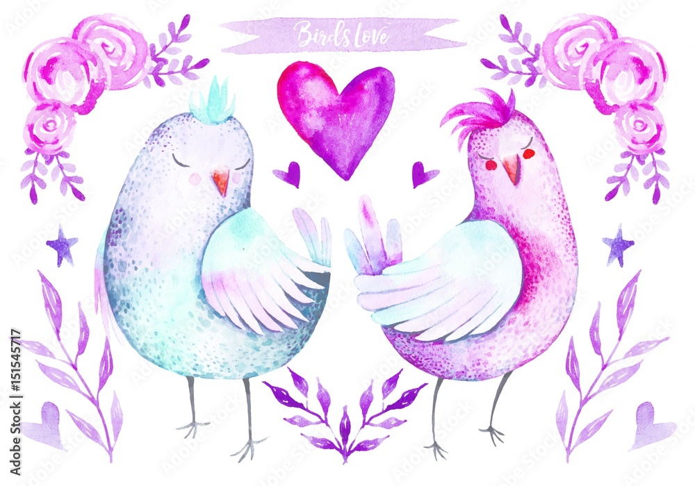 Watercolor card template with loving birds and floral elements.