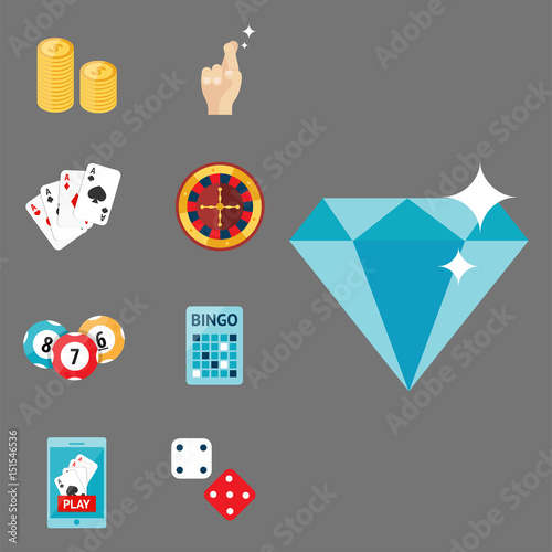 Casino game poker gambler symbols blackjack cards money winning roulette joker vector illustration.