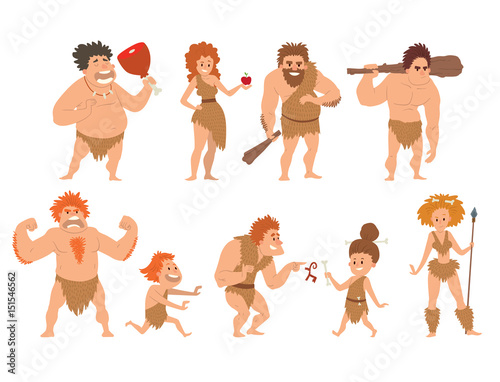 Caveman primitive stone age cartoon neanderthal people character evolution vector illustration.