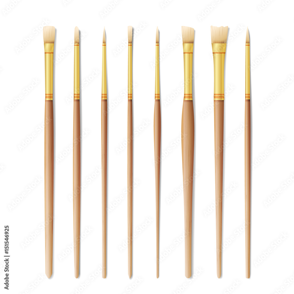 Realistic Artist Paintbrushes Set. Paint Brush Set Isolated On White Background. Vector Collection For Artist Design. Watercolor, Acrilic Or Oil Brushes With Light Wooden Handle Realistic Artist Paintbrushes Set. Paint Brush Set Isolated On White Background. Vector Collection For Artist Design. Watercolor, Acrilic Or Oil Brushes With Light Wooden Handle