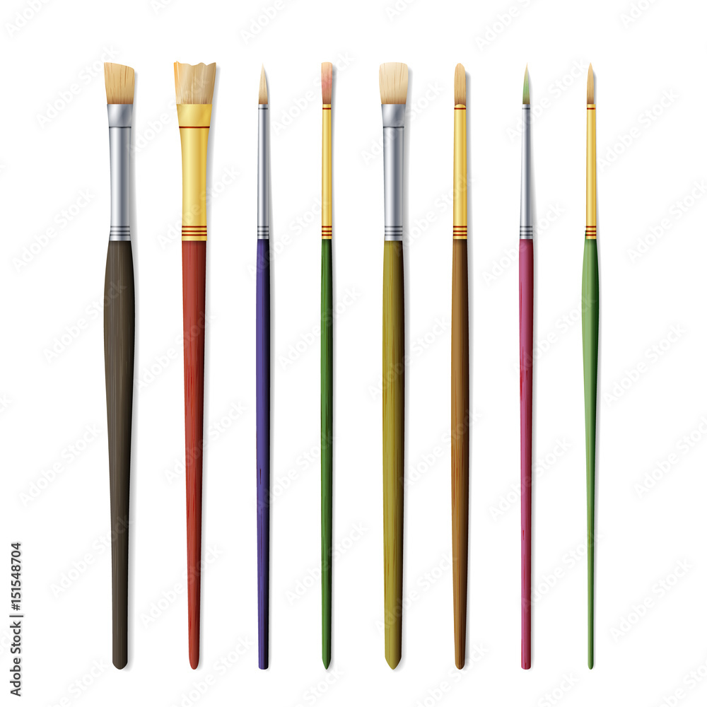 Realistic Artist Paintbrushes Set. Paint Brush Set Isolated On White Background. Vector Collection For Artist Design. Watercolor, Acrilic Or Oil Brushes With Light Wooden Handle