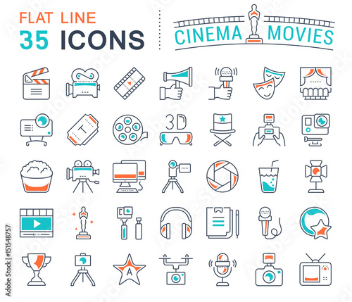 Set Vector Flat Line Icons Cinema and Movies