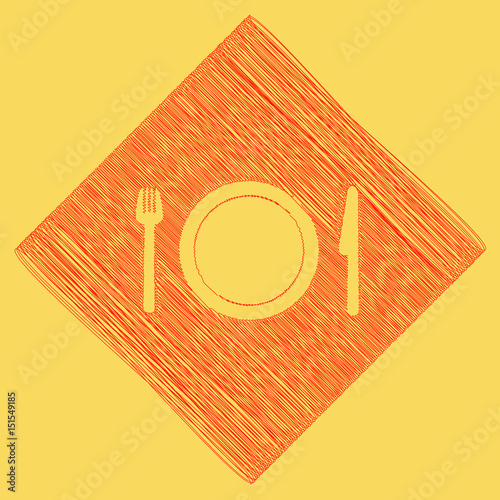 Fork, plate and knife. Vector. Red scribble icon obtained as a result of subtraction rhomb and path. Royal yellow background.