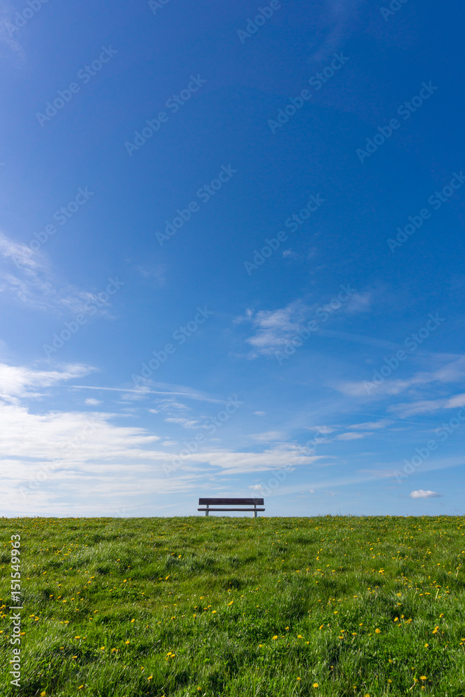Einsame Parkbank auf grüner Wiese, mit blauem Himmel
