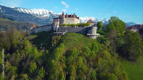Wallpaper Mural Aerial View on Gruyeres Castle in Canton of Fribourg, Switzerland, Green Forest, Blue Sky, Amazing Mountains on the Background, Summer Time Torontodigital.ca