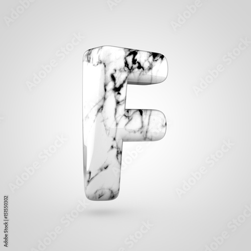Glossy marble alphabet letter F uppercase isolated on white background. © Whitebarbie