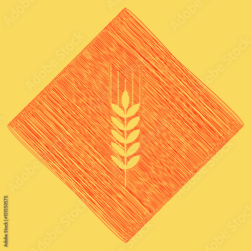 Wheat sign illustration. Spike. Spica. Vector. Red scribble icon obtained as a result of subtraction rhomb and path. Royal yellow background.