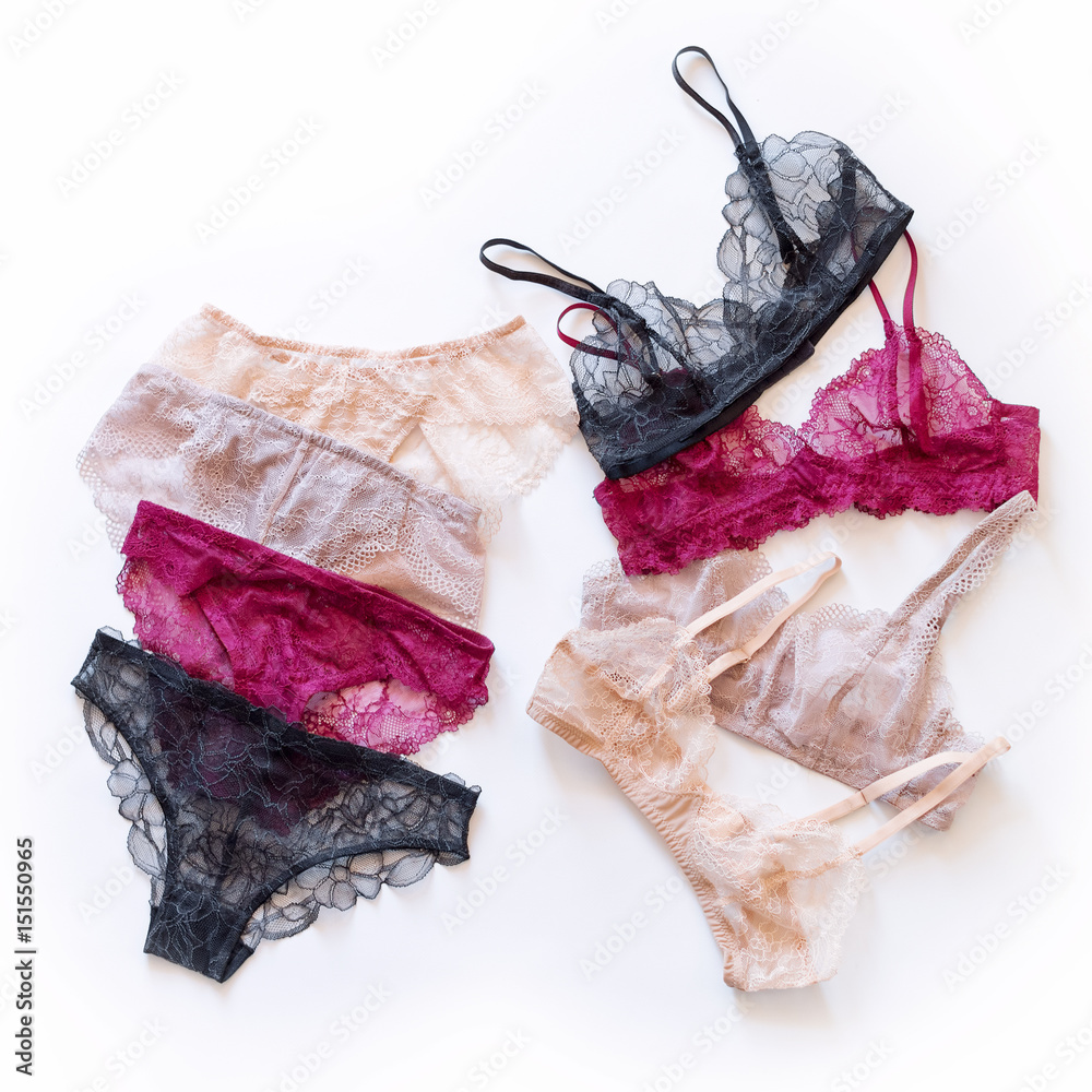 Fashion trendy lace lingerie. Different panties and bra on white  background. Beautiful sets to choose from. Colorful women's underwear.  Female wardrobe, shopping concept Stock Photo | Adobe Stock