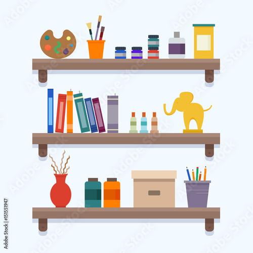 Shelves with art equipment