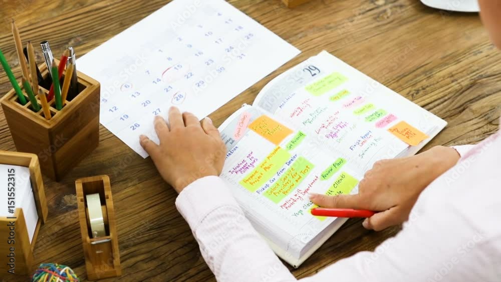 Businesswoman Reading The Schedule Written In Diary