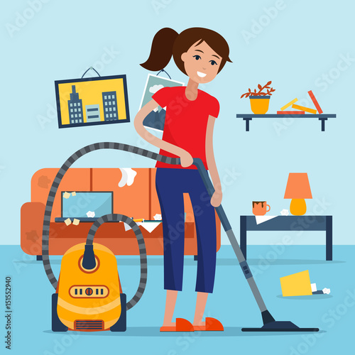 Woman cleaning room with vacuum cleaner.