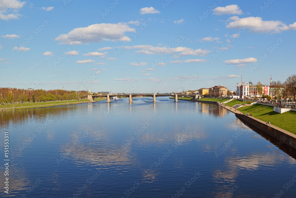 View of Volga River along quay of Mikhail Yaroslavich in Tver, Russia.