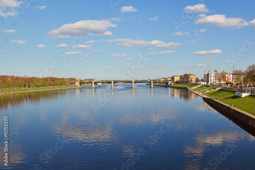 View of Volga River along quay of Mikhail Yaroslavich in Tver, Russia.