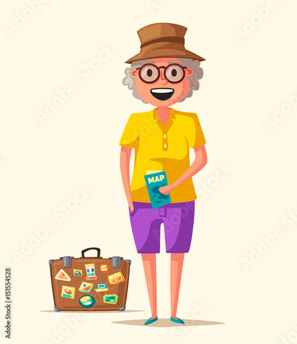 Old woman in travel. Journey of grandmother. Cartoon vector illustration