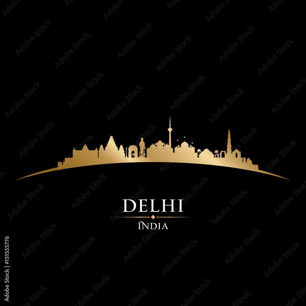 Delhi India city skyline silhouette black background