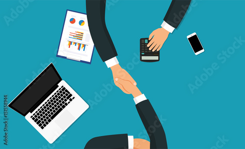 Business partner handshake deal contract meeting. Handshake. Contract. Office table top view. - stock vector.