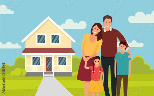 Happy young family near their home. Father, mother, son and daughter. - stock vector in the flat style.