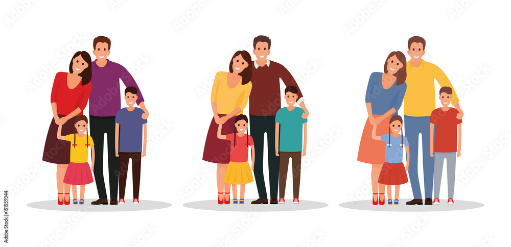 A happy family. Father, mother, son and daughter together. With different variants of colors - stock vector.