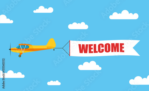 Flying advertising banner, pulled out by light aircraft with the inscription "WELCOME" - stock vector.