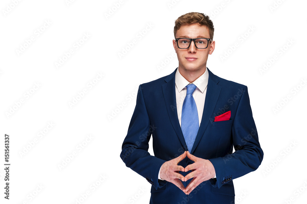 Business Man in blue suit over white background.