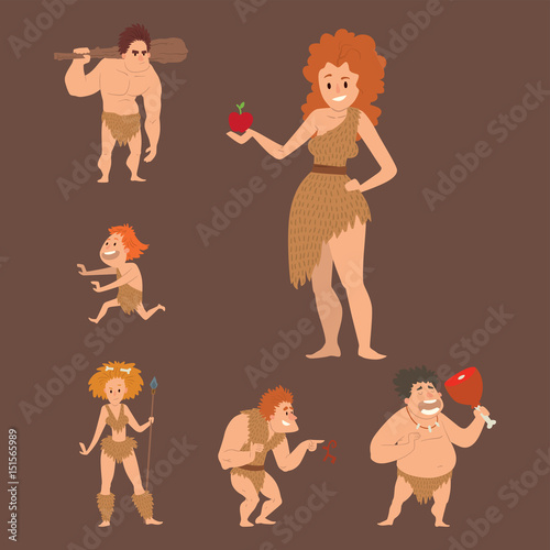 Caveman primitive stone age cartoon neanderthal people character evolution vector illustration.