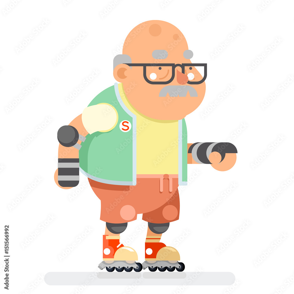 Roller Skate Adult Sports Healthy Grandfather Active Lifestyle Age Old Man Character Cartoon Design Flat Vector illustration