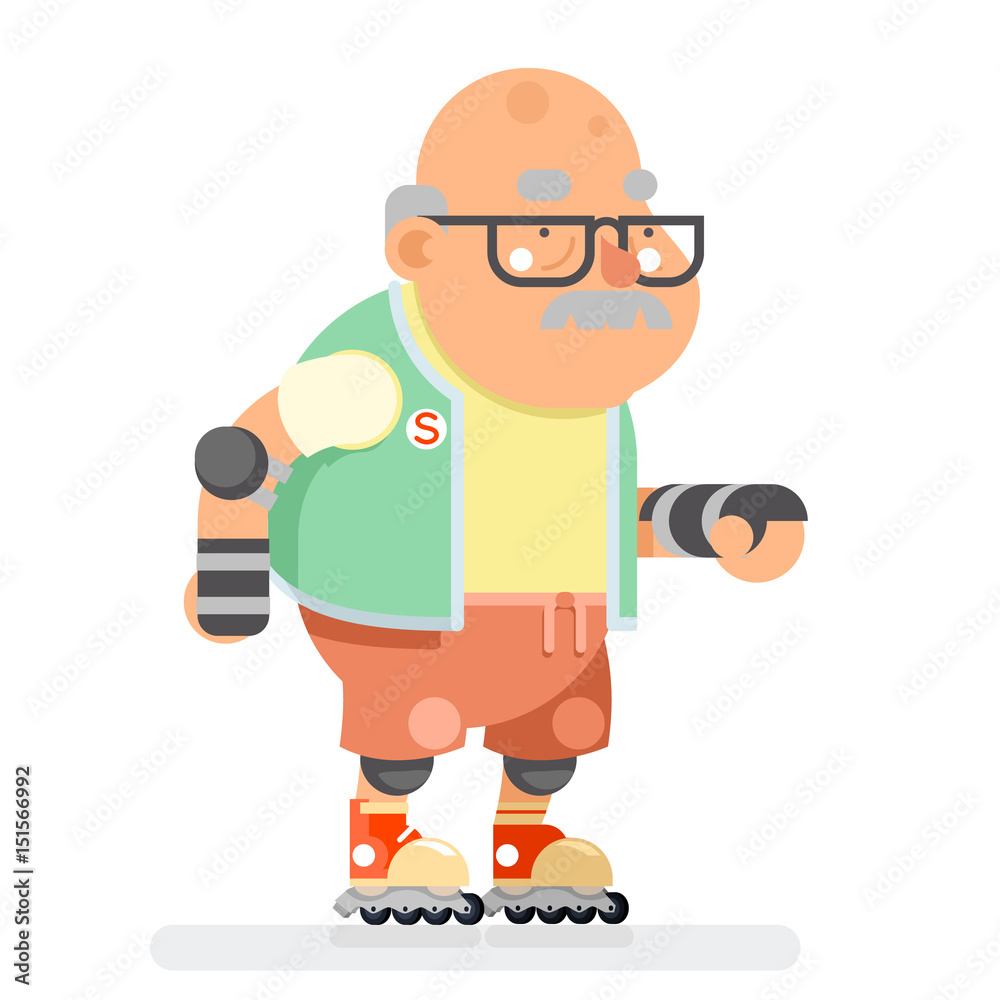 Roller Skate Adult Sports Healthy Grandfather Active Lifestyle Age Old Man Character Cartoon Design Flat Vector illustration Roller Skate Adult Sports Healthy Grandfather Active Lifestyle Age Old Man Character Cartoon Design Flat Vector illustration