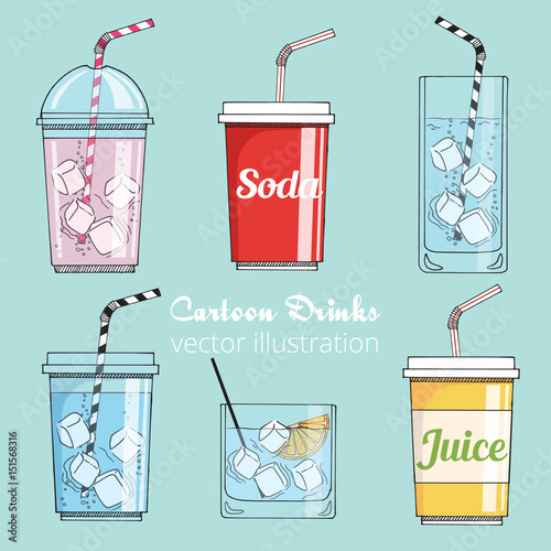 Set of cartoon drinks: cold beverages with ice- tea, lemonade, smoothie, juice, milk shake, soda. Vector illustration, isolated on white. Take away cup with tubule. Refreshing drinks icons for menu.