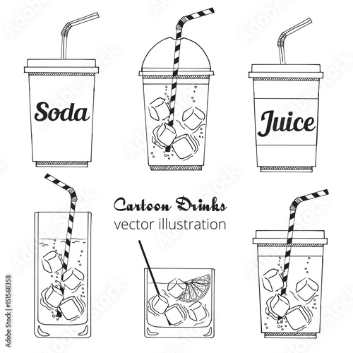 Set of cartoon drinks: cold beverages with ice- tea, lemonade, smoothie, juice, milk shake, soda. Vector illustration, isolated on white. Take away cup with tubule. Refreshing drinks icons for menu.