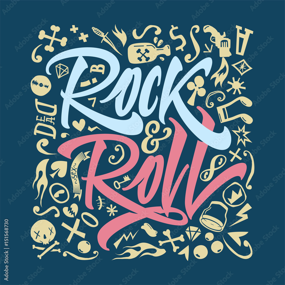 Print for a rock and roll t-shirt on a closely blue background.