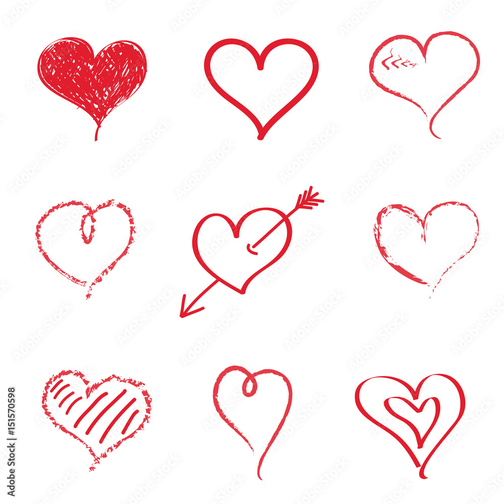 Collection of hand drawn hearts on white background. Vector.