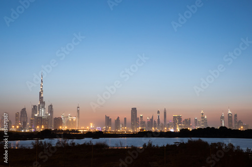 Dubai Downtown skyline at sunset. © Kertu
