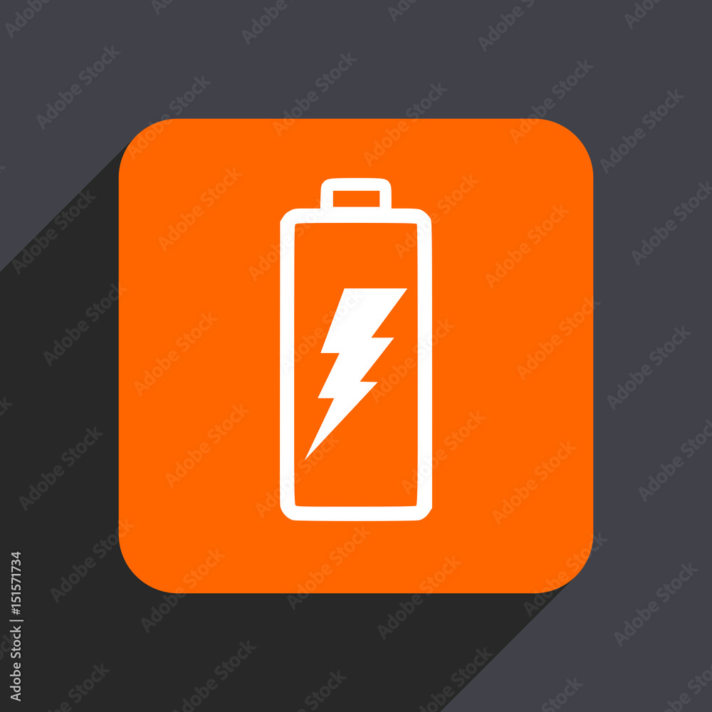 Battery orange flat design web icon isolated on gray background Battery orange flat design web icon isolated on gray background