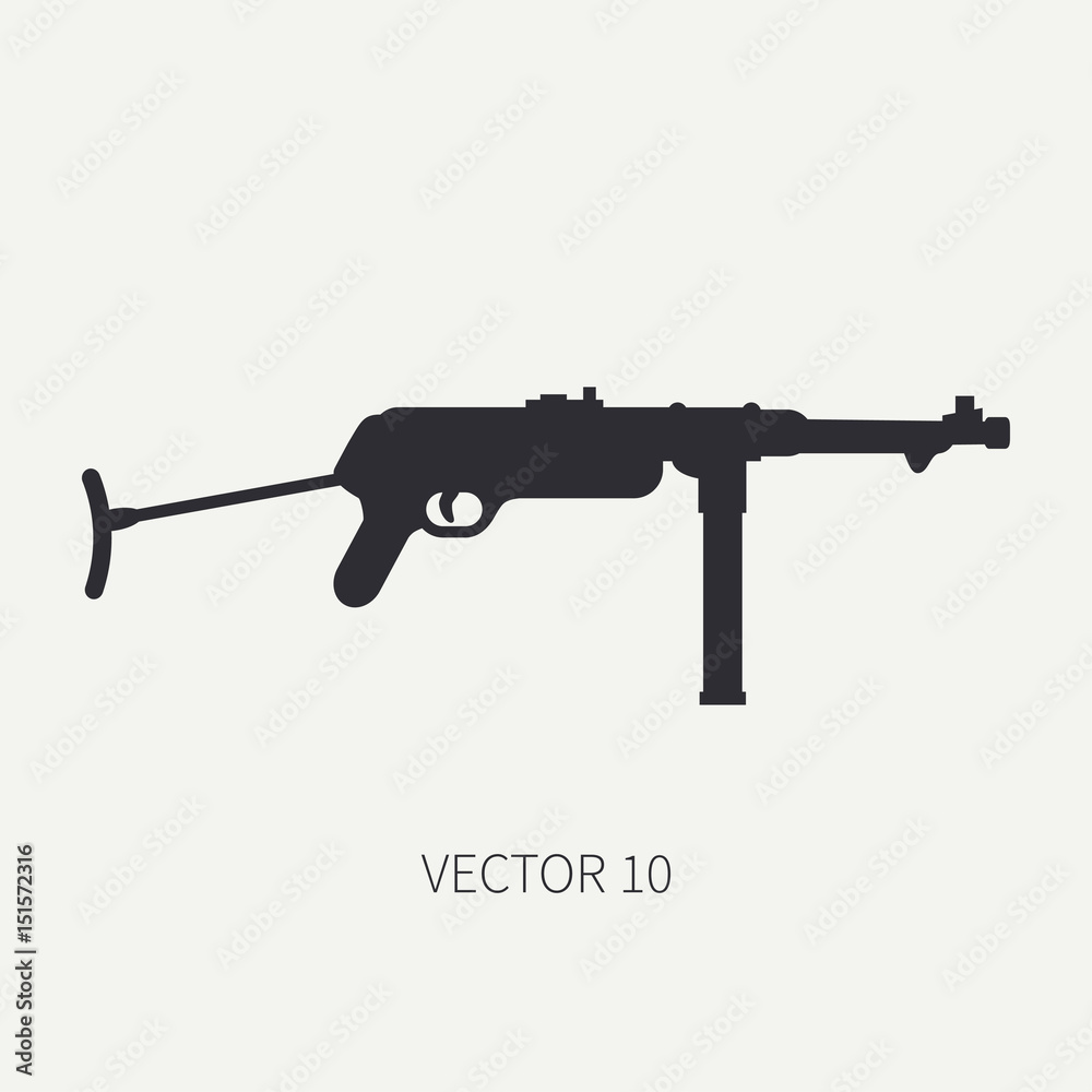 Silhouette. Line flat vector military icon - machine gun. Army equipment and armament. Legendary retro weapon. Cartoon. Assault. Soldiers. War. Illustration and element for your design and wallpaper. Silhouette. Line flat vector military icon - machine gun. Army equipment and armament. Legendary retro weapon. Cartoon. Assault. Soldiers. War. Illustration and element for your design and wallpaper.