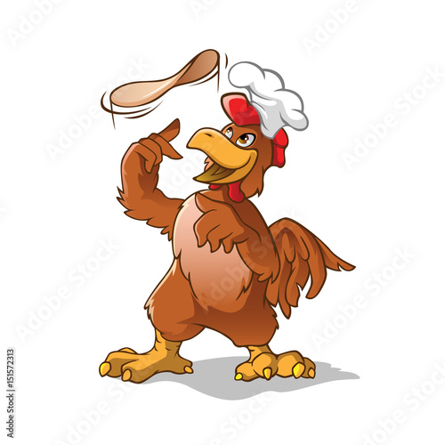 Chicken chef cartoon character trowing a dough pizza to the air. Chicken Cartoon Vector Illustration for your business mascot, cartoon logo.