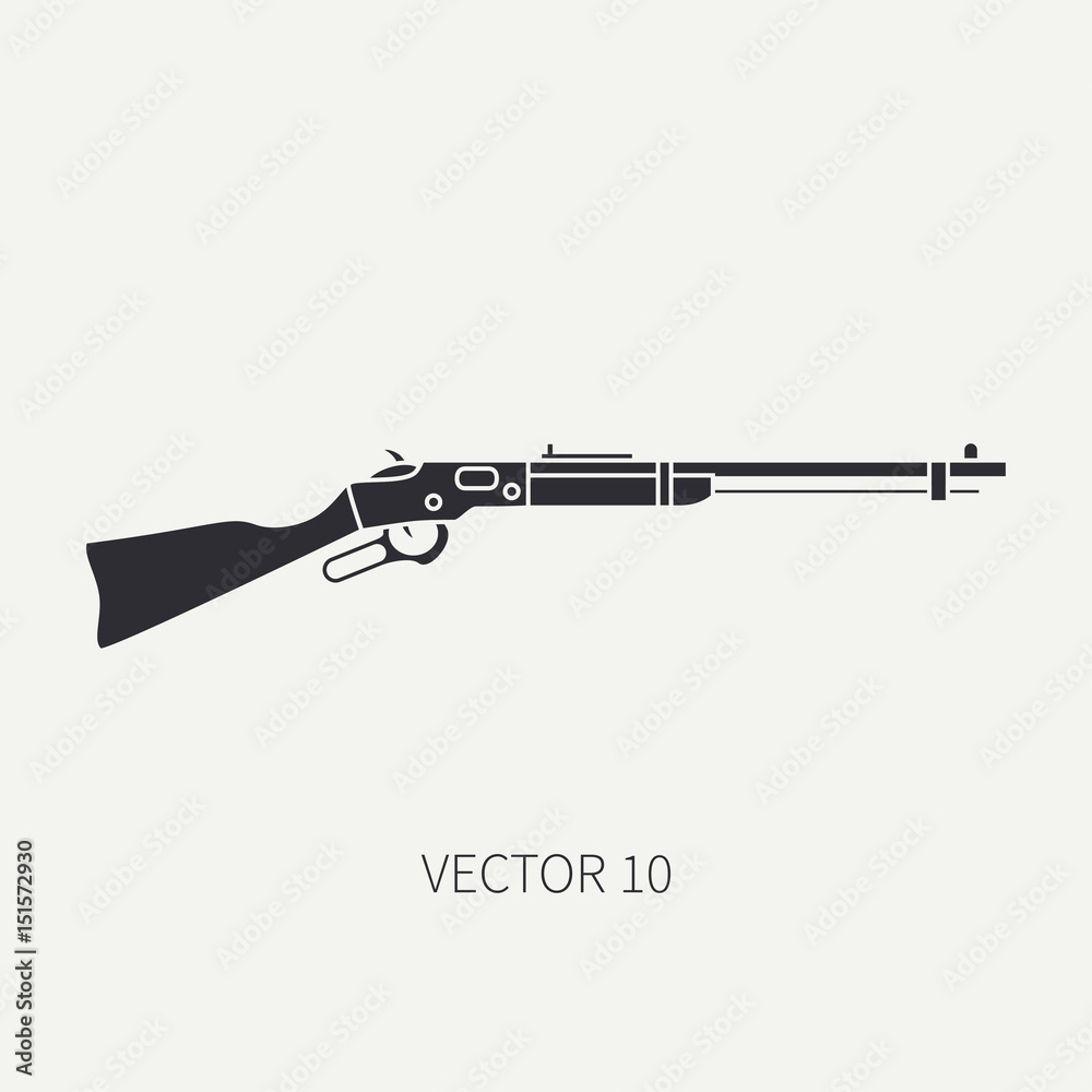 Silhouette. Line flat vector military icon rifle, carbine. Army equipment and armament. Legendary retro weapon. Cartoon. Assault. Soldiers. War. Illustration and element for your design and wallpaper.