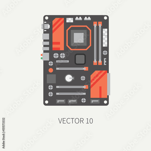 Plain flat color vector computer part icon motherboard. Cartoon. Digital gaming and business office pc desktop device. Innovation gadget. Internet. Illustration and element for your design, wallpaper.