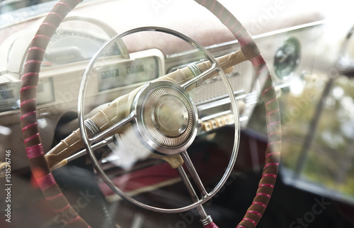 Old retro car's steering wheel