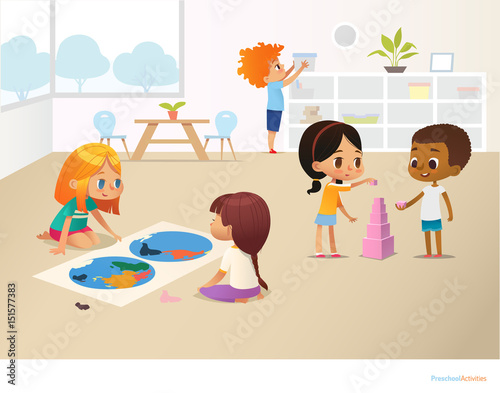 Smiling kids doing different tasks at primary school. Boys and girls building pyramid out of pink blocks and viewing world map. Montessori environment concept. Vector illustration for poster, banner.
