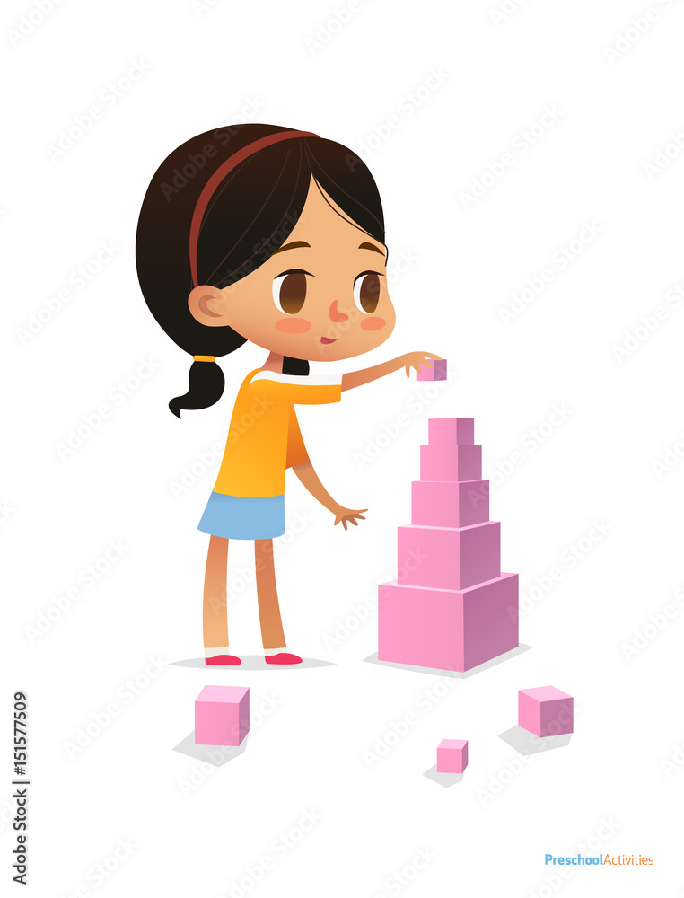 Girl with dark hair stands and builds tall pyramid using pink cubes. Child plays with bright colored blocks. Entertainment at kindergarten concept. Vector illustration for poster, banner, website. Girl with dark hair stands and builds tall pyramid using pink cubes. Child plays with bright colored blocks. Entertainment at kindergarten concept. Vector illustration for poster, banner, website.