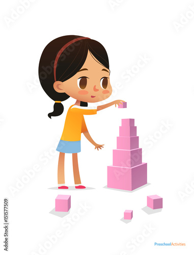 Girl with dark hair stands and builds tall pyramid using pink cubes. Child plays with bright colored blocks. Entertainment at kindergarten concept. Vector illustration for poster, banner, website.