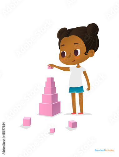 Black girl wearing T-shirt and blue shorts stands and builds tower using pink stacking cubes of different size. Visual identification of larger and smaller objects. Vector illustration for banner.