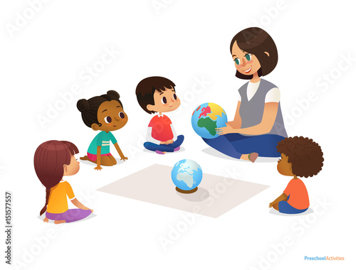Friendly teacher demonstrates globe to children and tells them about continents. Woman teaches kids using Montessori materials during kindergarten lesson. Vector illustration for banner, website.