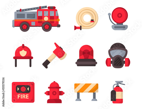 Fire safety equipment emergency tools firefighter safe danger accident protection vector illustration.