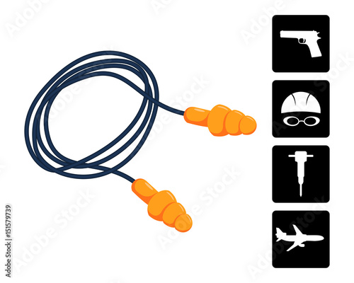Ear plugs vector illustration. Silicone ear plugs with usage icons set. Silicone earplugs isolated on white. 3D like simple style template for advertisement, safety posters, package design.