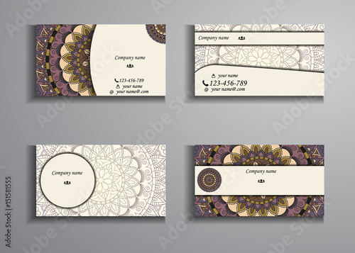 visiting card and business card big set. Floral mandala pattern and ornaments. Oriental design Layout, ottoman motifs. Front page and back page.