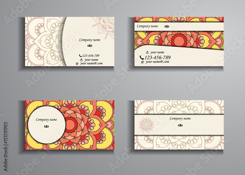 visiting card and business card big set. Floral mandala pattern and ornaments. Oriental design Layout, ottoman motifs. Front page and back page. © alena1301