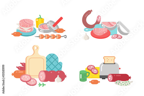Meat products ingredient and rustic elements preparation equipment food flat vector illustration.