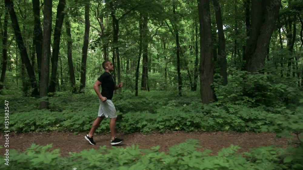 Lone runner in wintry wood, slow motion shot Lone runner in wintry wood, slow motion shot
